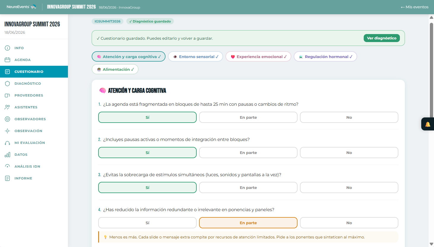NeuroEvents — Cuestionario de diagnóstico pre-evento