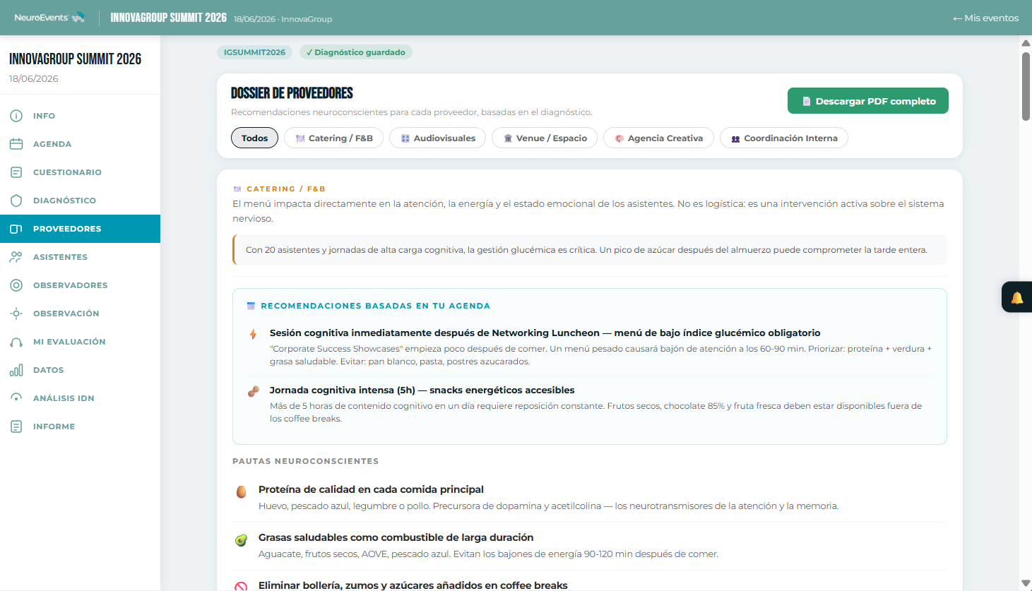 NeuroEvents — Dossier de proveedores con recomendaciones neuroconscientes