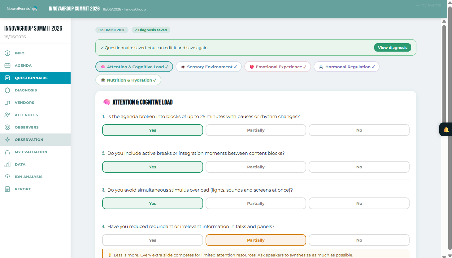 NeuroEvents — Pre-event diagnostic questionnaire